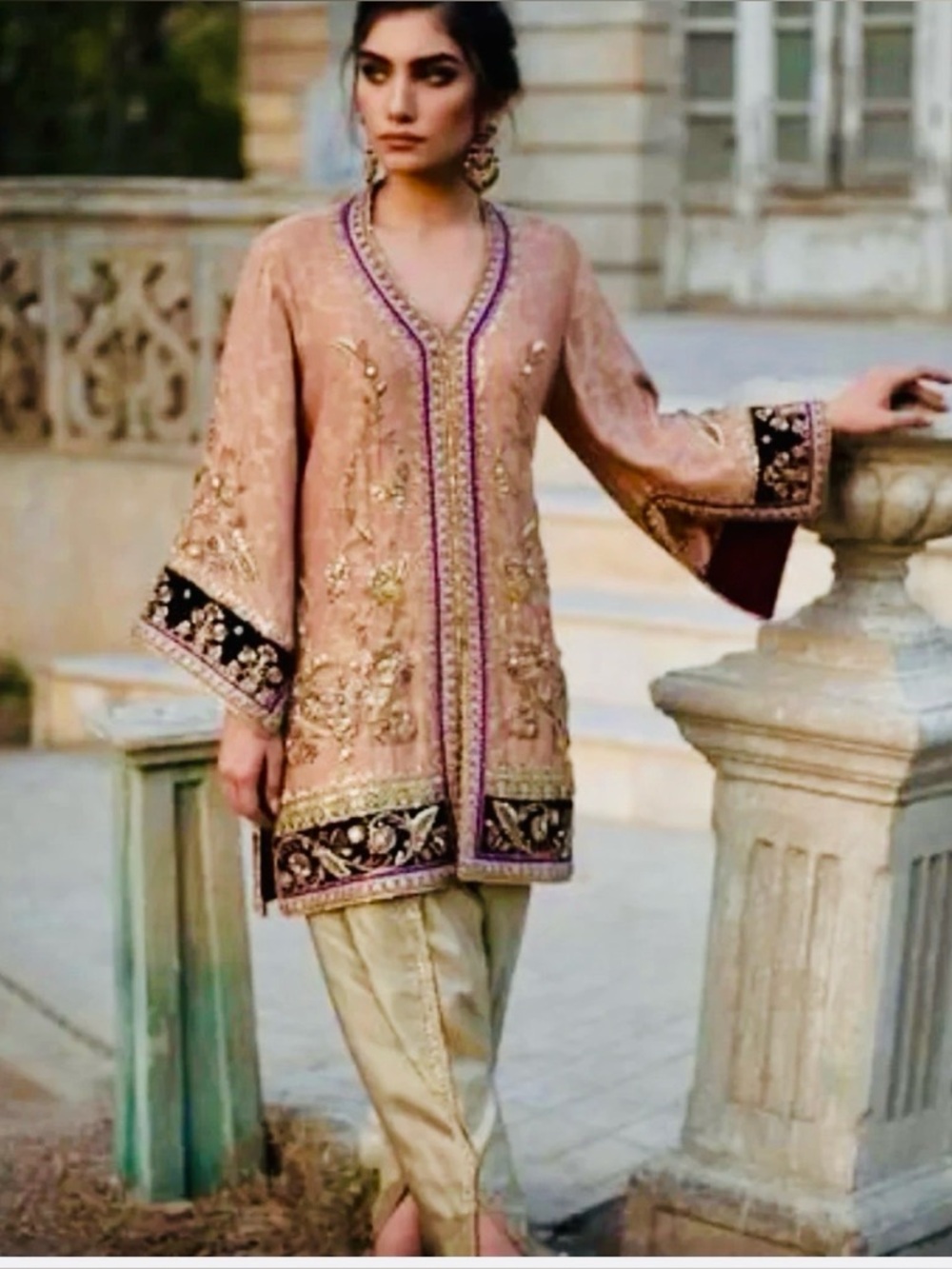 Embroidered Blush Pink Tunic Dress with Ornate Trim